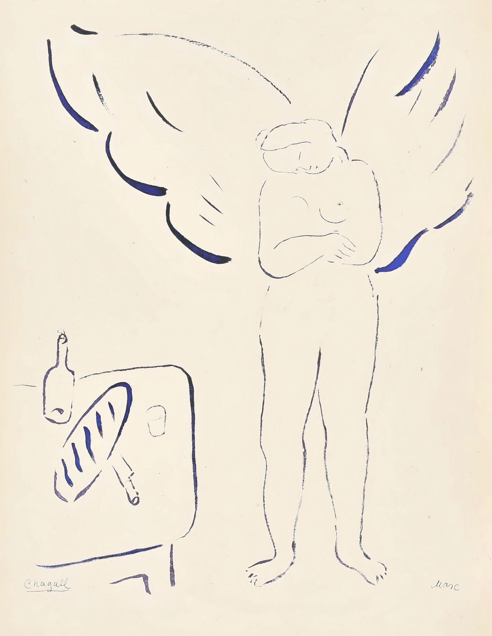 Marc Chagall, Composition, Le Dur Desir de Durer, Limited Edition Lithograph: Lithograph on velin bouffant d'Alfa paper. Paper size: 11.125 x 8.625 inches. Excellent condition. Inscription: unsigned and unnumbered, as issued. Notes: From the volume, Le Dur Desir de Durer, illus