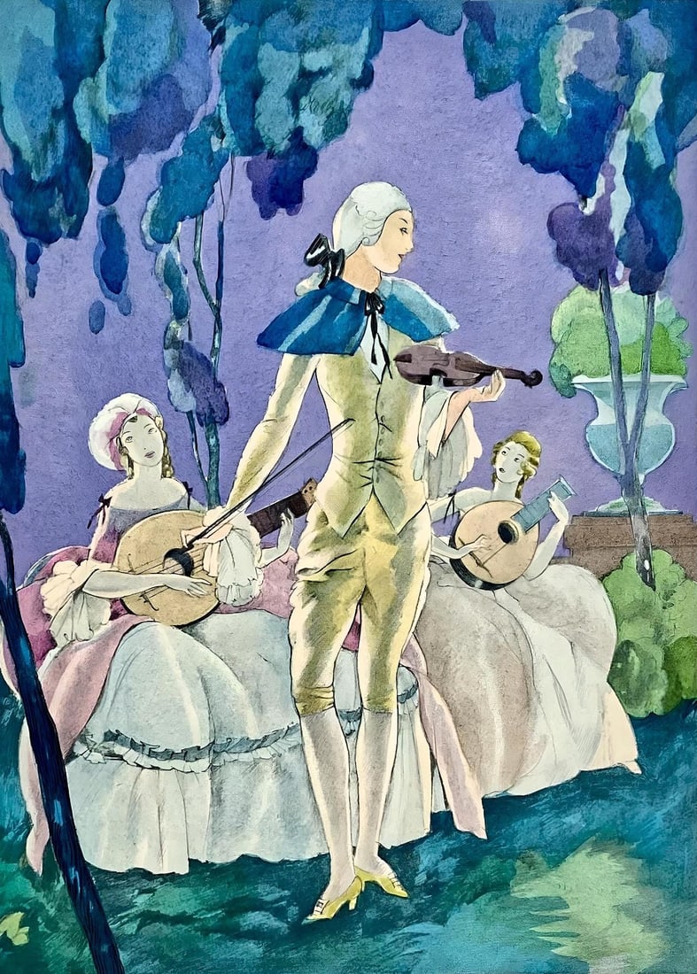 Umberto Brunelleschi, Composition, La Lecon d'amour dans un parc, Limited Edition Lithograph: Lithograph and stencil on velin d'Arches paper. Paper size: 13.11 x 10.039 inches. Excellent condition. Unsigned and unnumbered, as issued. Notes: From the volume, La Lecon d'amour dans un parc,