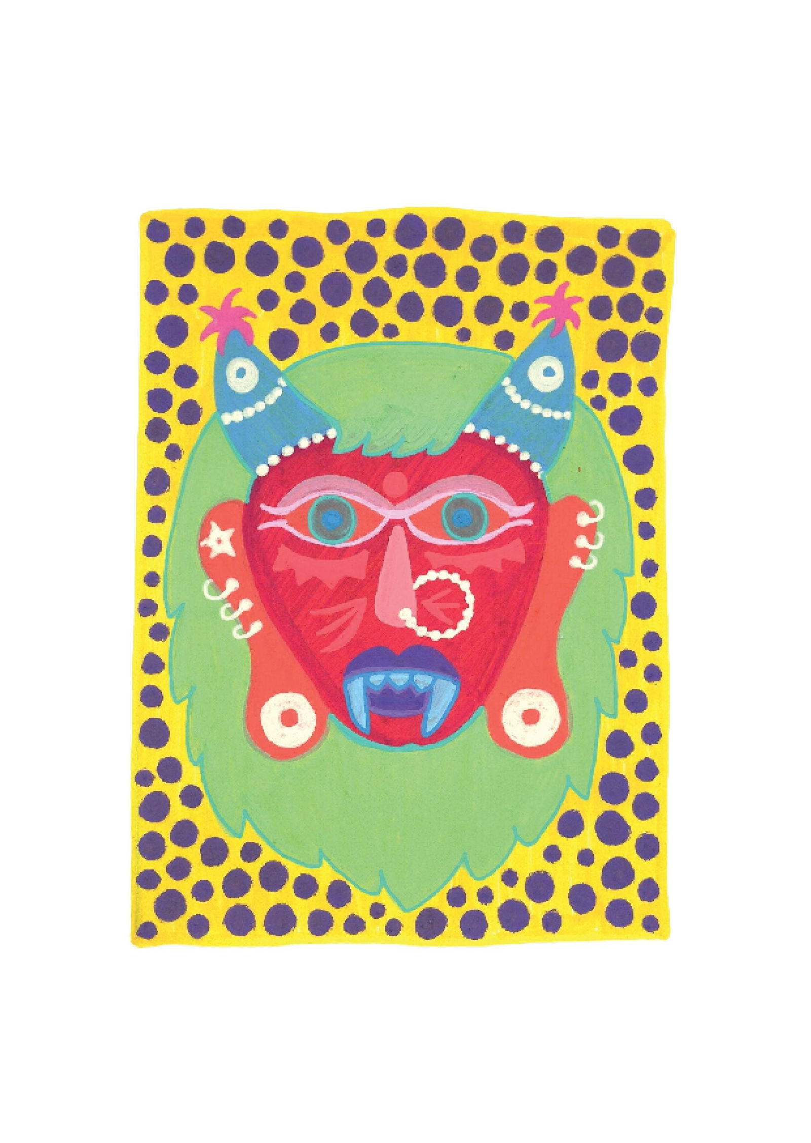 Evil Eye Mask 8: Inspired by the South Indian Drishti Bommai mask; a protective talisman traditionally represented as a doll; this artwork draws from a visual language widely seen across South India. These figures are