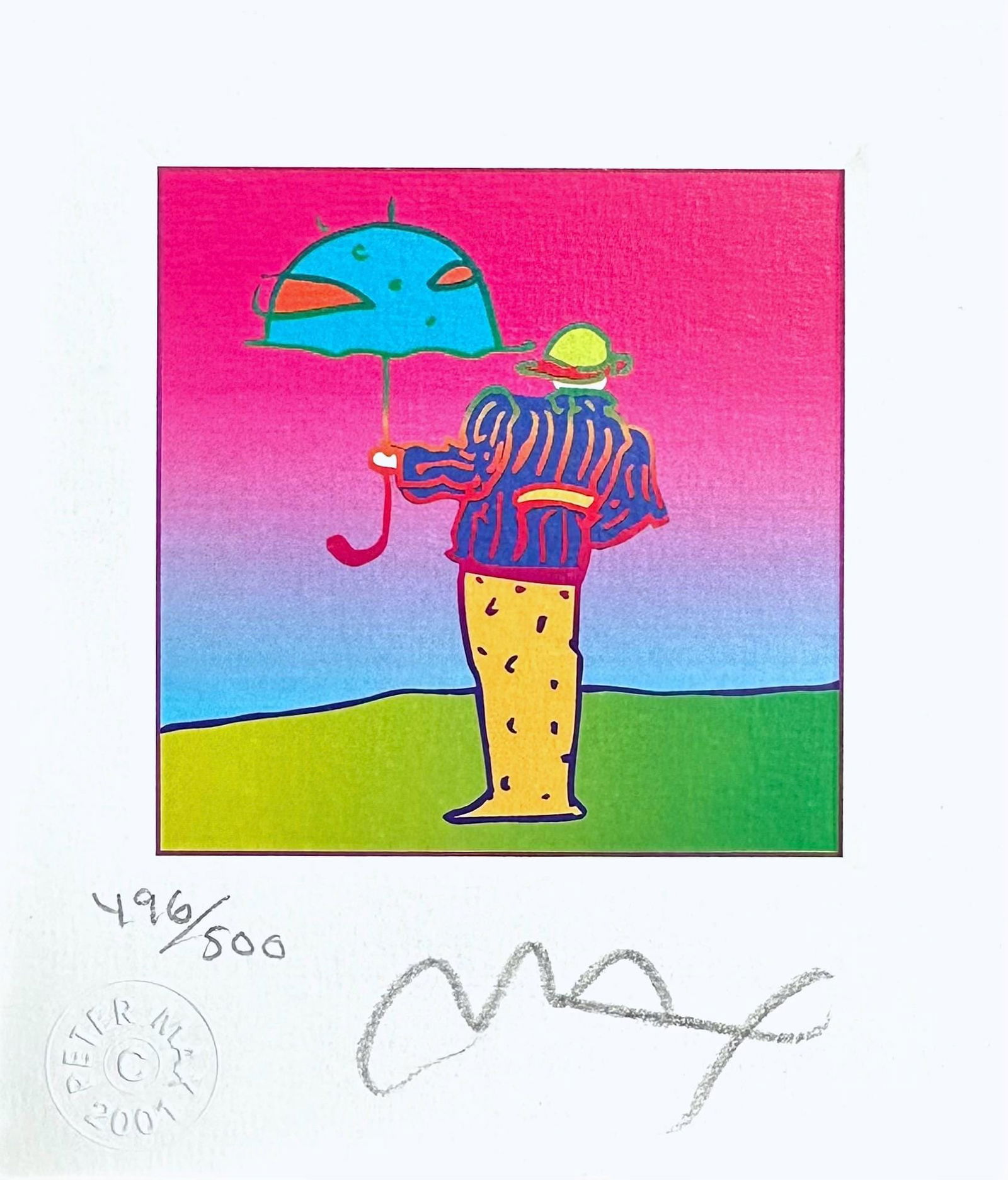 Peter Max, Cosmic Umbrella Man, Hand Signed, Official Limited Edition Lithograph: Lithograph in colors on Lustro Saxony paper. Paper size: 3.5 x 3 inches. Inscription: Hand signed by Peter Max and numbered, as issued. Condition: Excellent. Notes: Published and printed by Via Max,