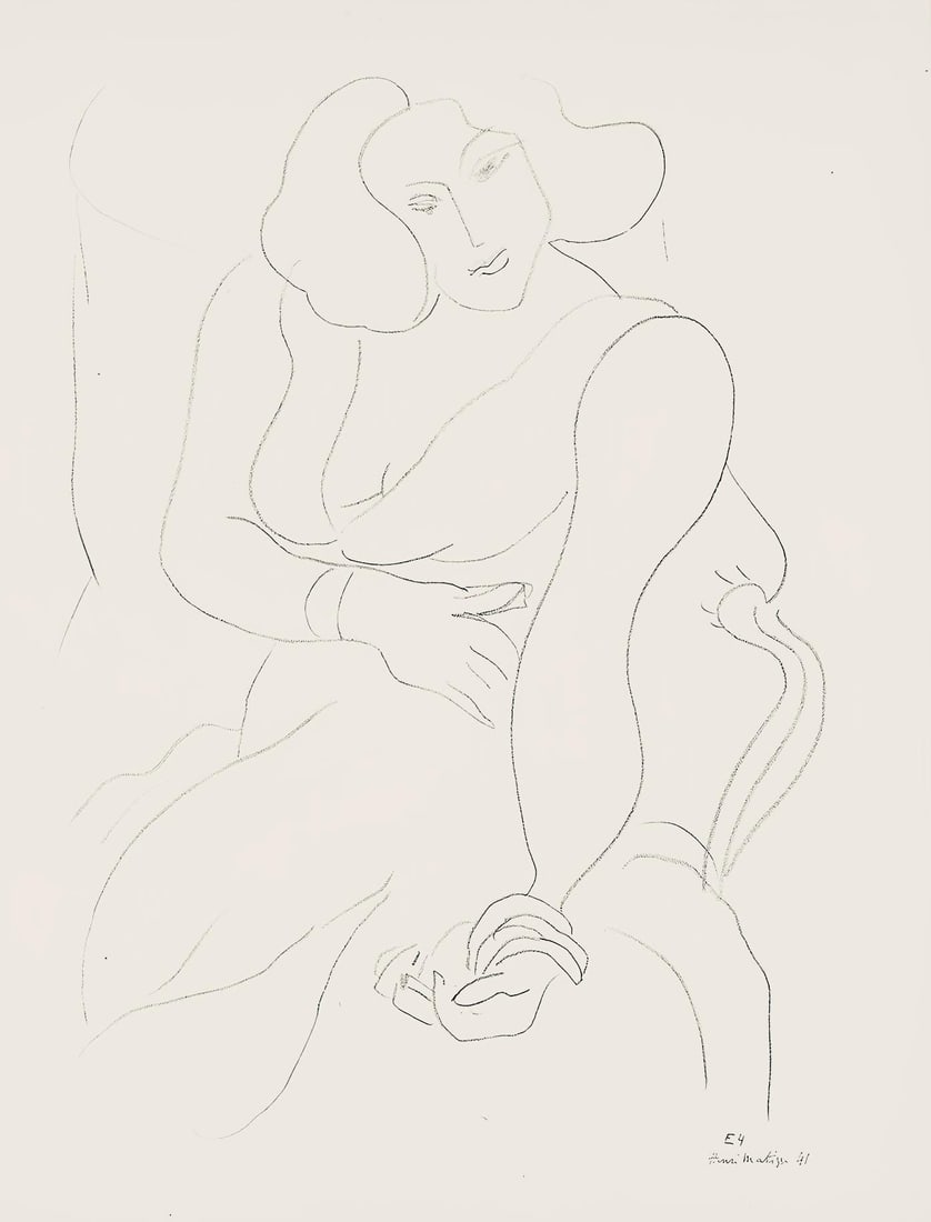 Henri Matisse, Serie E, var. 4 (Duthuit 9), Henri Matisse, Dessins, Themes et variations, Limited: Lithograph on velin pur fil paper. Paper Size: 12.875 x 9.625 inches. Excellent condition. Inscription: Signed in the plate and unnumbered, as issued. Notes: From the folio, Henri Matisse, Dessins,