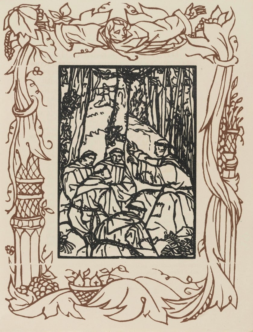 Emile Bernard, Composition (Morane, No. 100), Les Petites Fleurs de St. Francoise, Limited Edition: Wood engraving on verge d'Arches paper. Paper size: 12.8125 x 9.8125 inches. Excellent condition. Unsigned and unnumbered, as issued. Notes: From the volume, Les Petites Fleurs de St. Francois, 1928.
