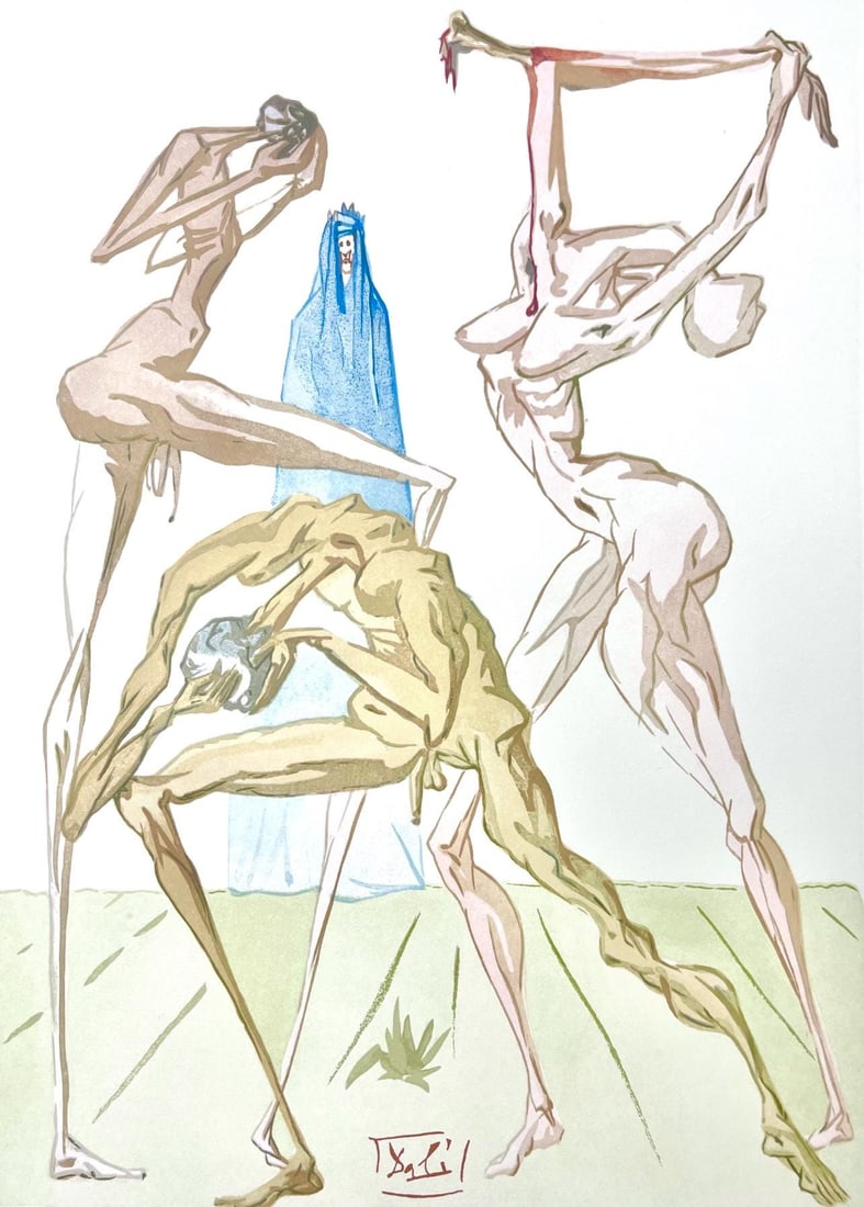 Salvador Dali, Holle XIX (Michler/Lopsinger 1039-1138; Field 189-200), Die Gottliche Komodie,: Woodcut in colors on velin de Rives BFK paper, mounted on velin d'Arches support, as issued. Paper size: 13 x 10.375 inches. Inscription: Signed in the block, and unnumbered, as issued. Catalogue rais