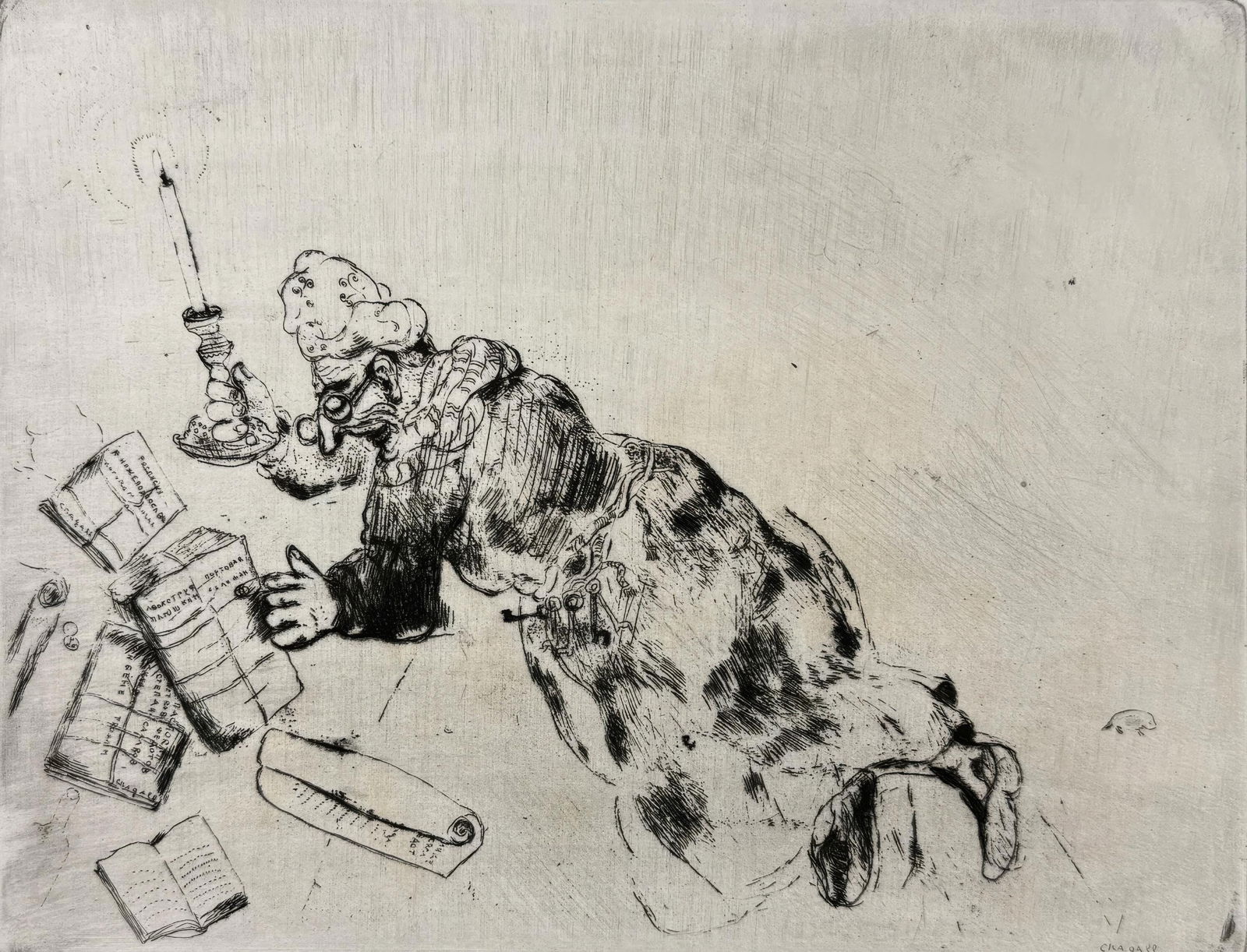 Marc Chagall, Pliouchkine Searching for His Papers, from Dead Souls, Limited Edition Etching, (1 of 4)