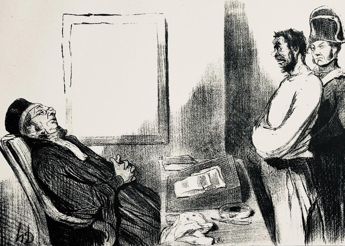 Honore Daumier, Composition, Honore Daumier, Law and Justice, Limited Edition Lithograph: Lithograph on velin paper. Inscription: Unsigned and unnumbered. Paper Size: 10 x 14 inches. Excellent condition. Notes: From the folio, Honore Daumier, Law and Justice, Twenty-Four Lithographs, 1944.