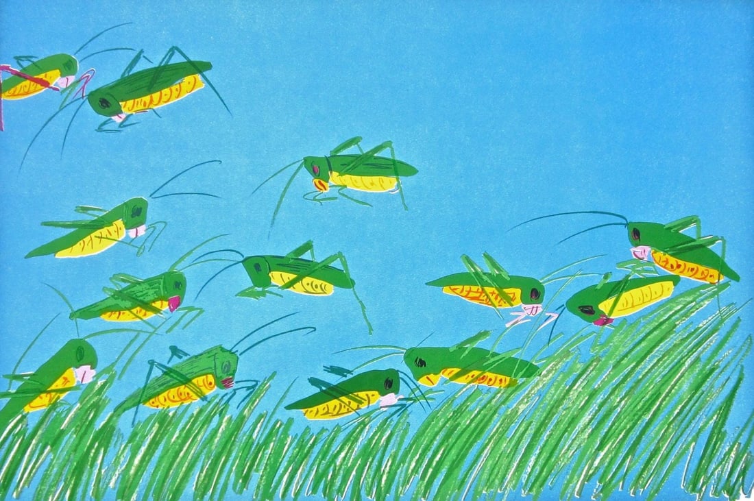 Walasse Ting, Lucky Grasshoppers, Limited Edition Lithograph: Lithograph on Saunders Waterford, St Cuthberts Mill paper. Paper size: 21.75 x 29.5 inches. Excellent condition. Inscription: Hand signed and numbered, as issued. Notes: Published by Atelier Dumas Inc