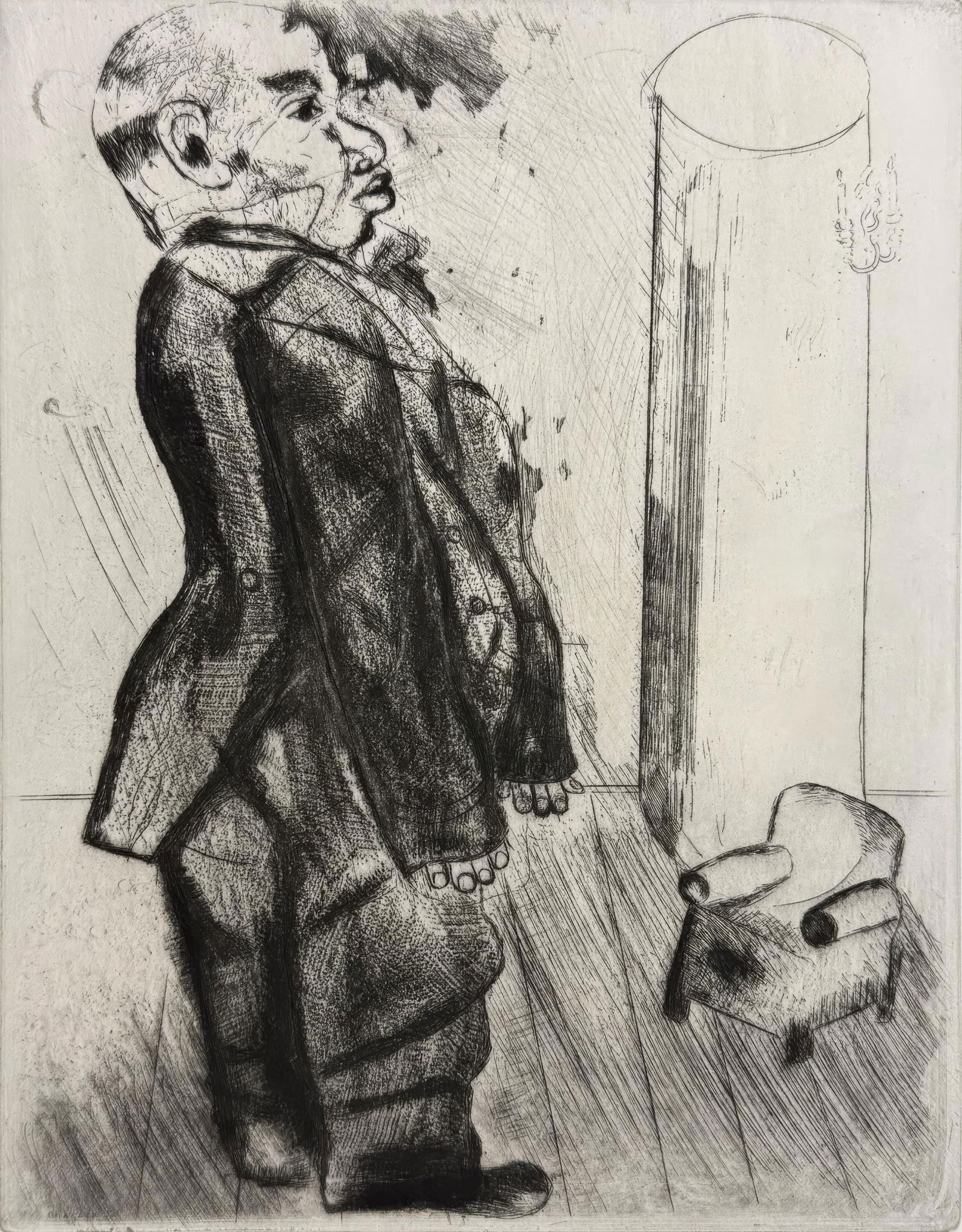 Marc Chagall, Sobakevitch Near the Armchair, from Dead Souls, Limited Edition Etching, 1923-1927: This exquisite etching by Marc Chagall (1887-1985), titled Sobakevitch pres du fauteuil (Sobakevitch Near the Armchair), originates from the celebrated folio Nicolas Gogol, Les Ames mortes, Eaux-forte