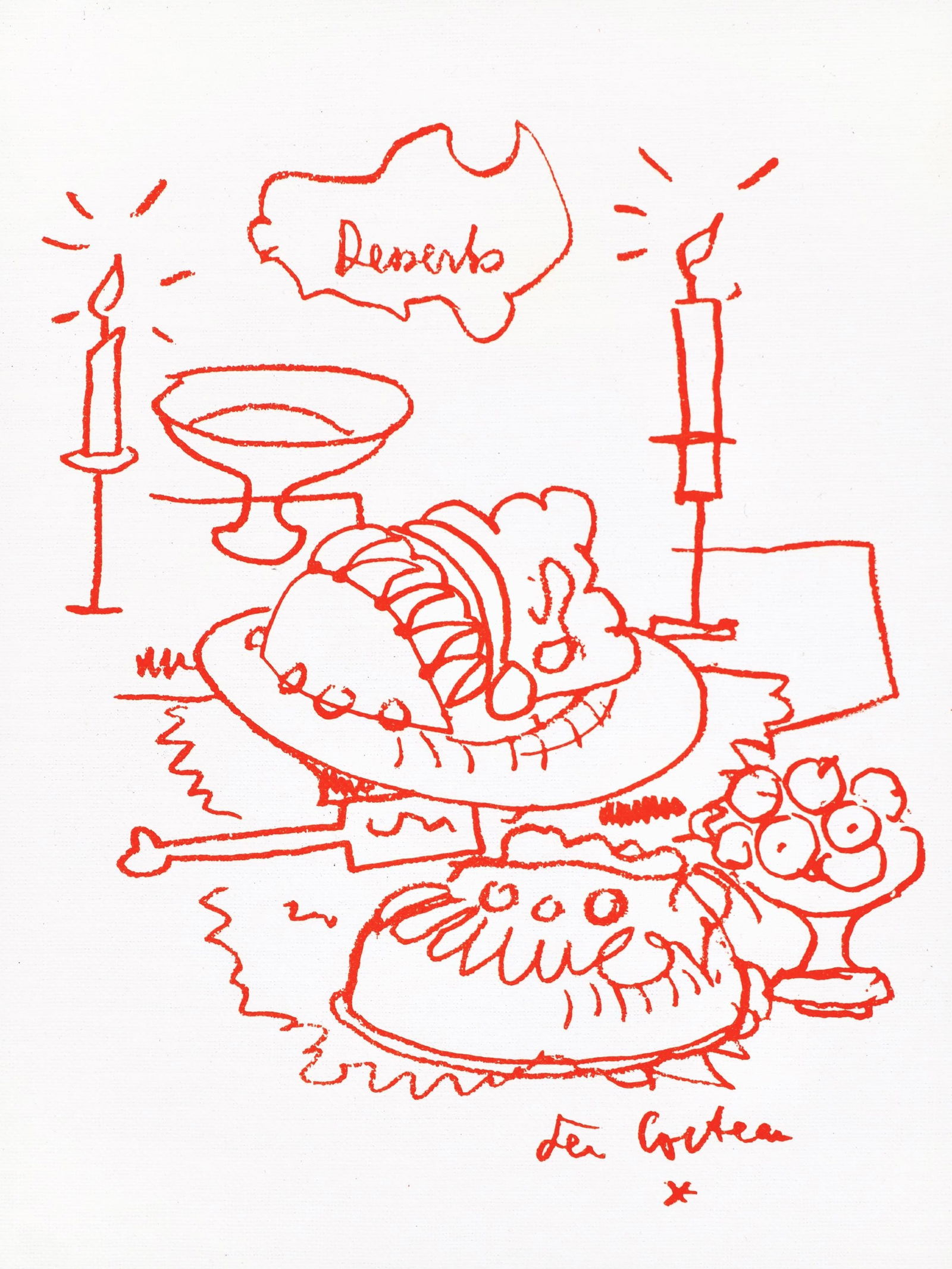 Jean Cocteau, Untitled, from Recipes for a Friend, illustrations by Jean Cocteau, Limited Edition: Jean Cocteau (1889-1963); Sans titre (Untitled), 1964. Lithograph on papier de toile enduit paper. Paper size 12 x 9.45 inches. Signed in the plate and unnumbered, as issued. Printed and published by