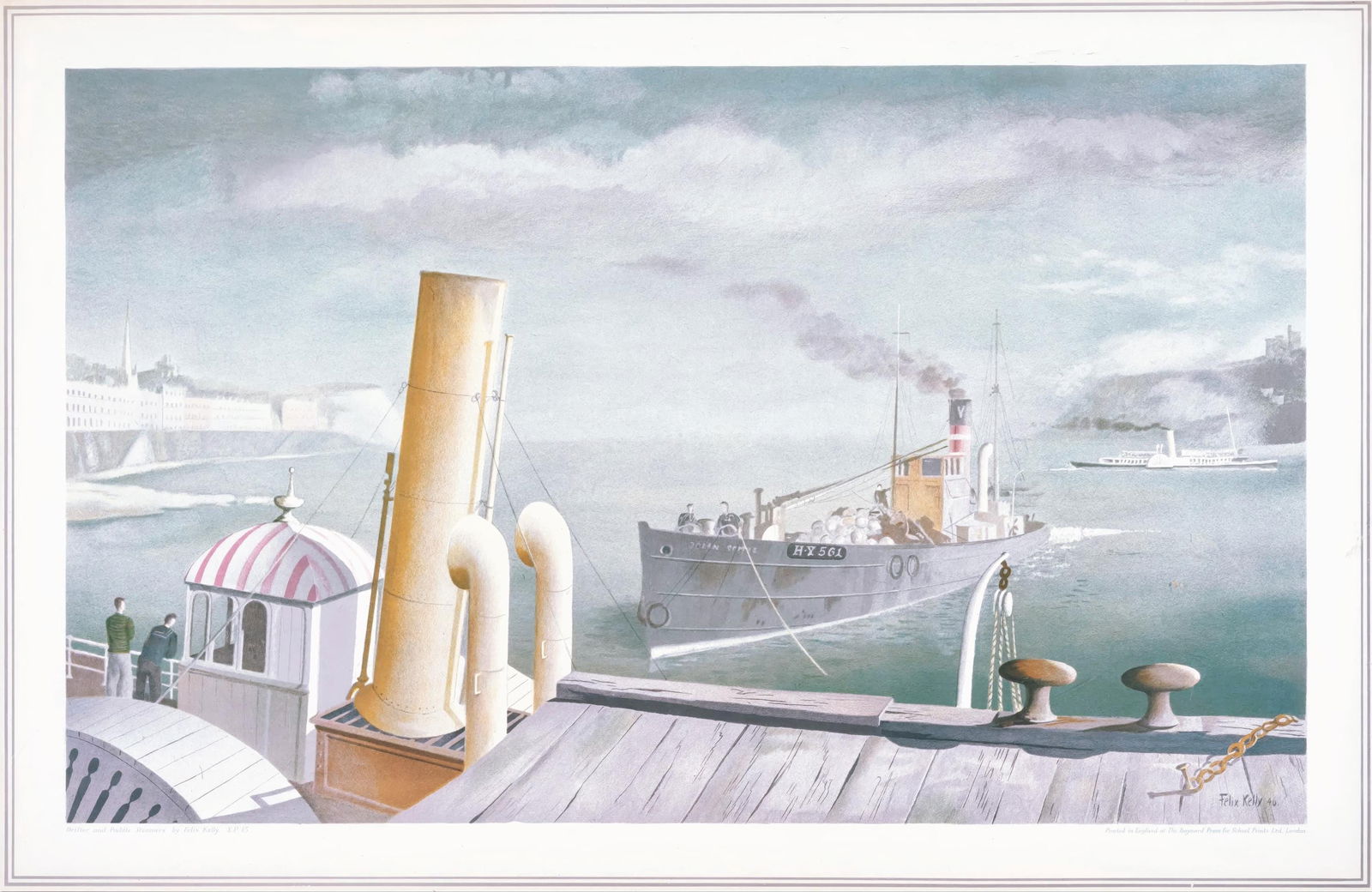 Felix Kelly, Drifter and Steamers, S.P.15., from School Prints Ltd., Limited Edition Lithograph,: This exquisite lithograph by Felix Kelly (1914-1994), titled Drifter and Steamers, S.P.15., originates from the School Prints Ltd. series, published by School Prints Ltd., London, under the direction