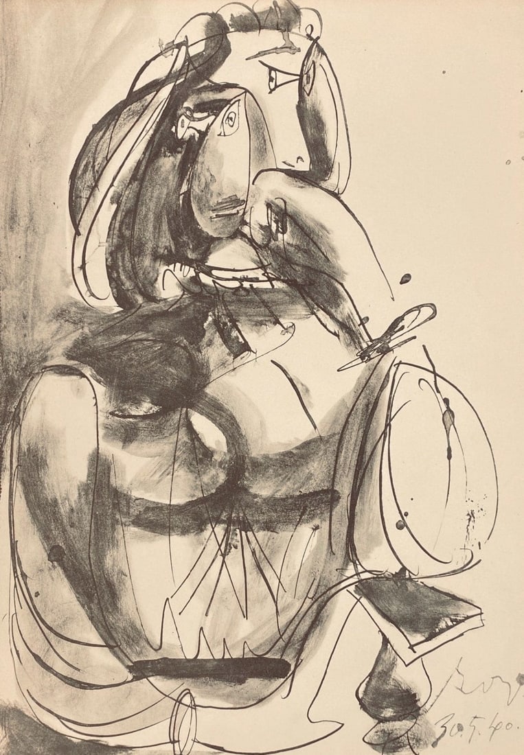 Pablo Picasso, Composition, Carnet de dessins de Picasso, Cahiers d'Art, Limited Edition Lithograph: Lithograph on velin paper. Inscription: Unsigned and unnumbered. Paper Size: 16.54 x 11.81 inches. Excellent condition. Notes: From the volume, Carnet de dessins de Picasso: reproduits au format de