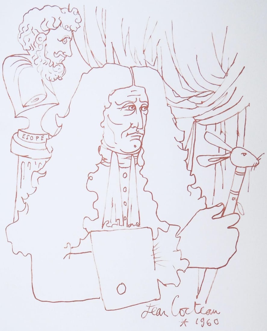 Jean Cocteau, Hommage a Jean de la Fontaine, Vingt fables de La fontaine, Limited Edition Woodcut: Woodcut on velin d'Arches paper. Paper size: 15 x 10.75 inches. Excellent condition. Inscription: signed in the plate and unnumbered, as issued. Notes: from the folio, Vingt fables de La fontaine, 196