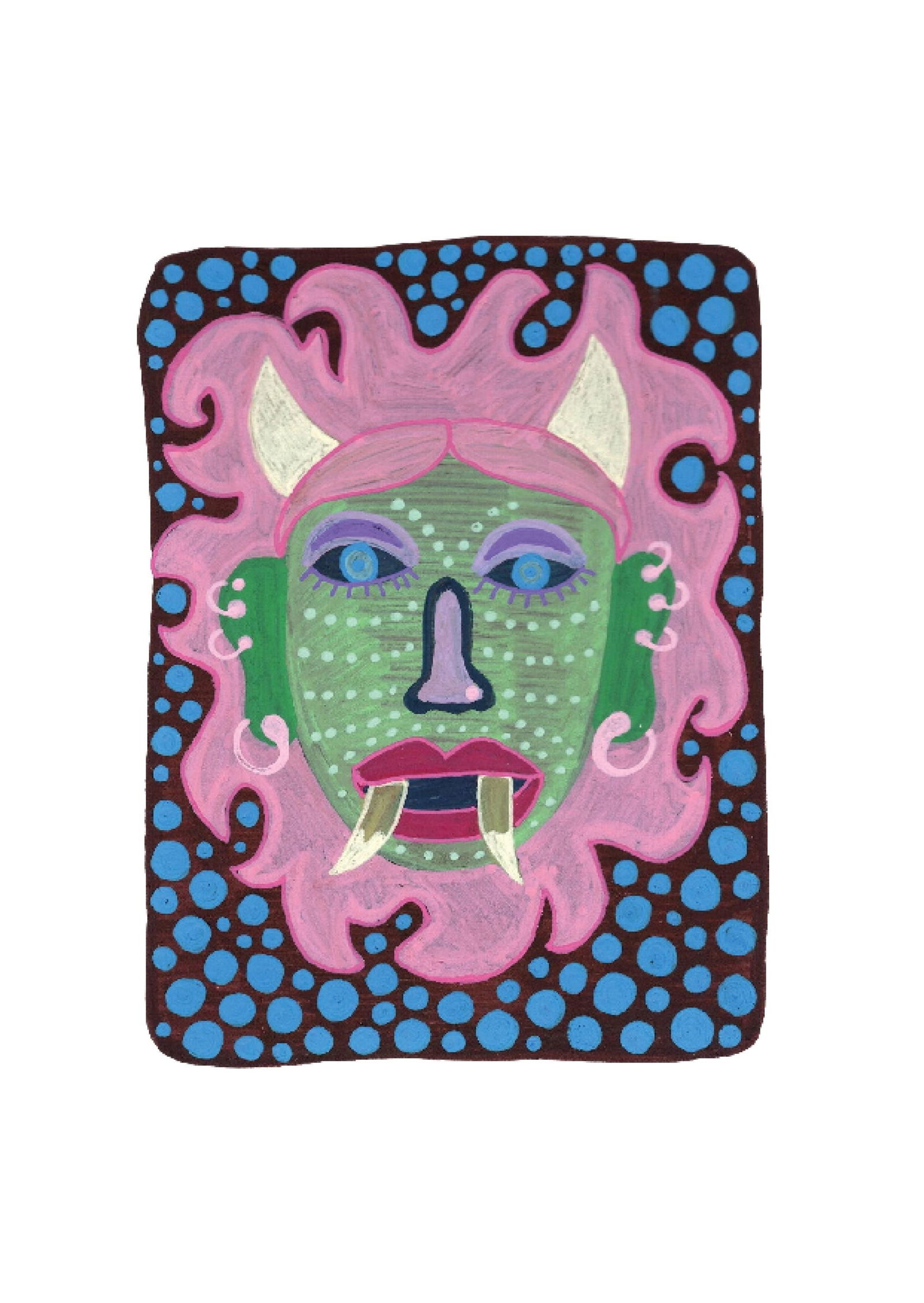 Evil Eye Mask 1: Inspired by the South Indian Drishti Bommai mask; a protective talisman traditionally represented as a doll; this artwork draws from a visual language widely seen across South India. These figures are