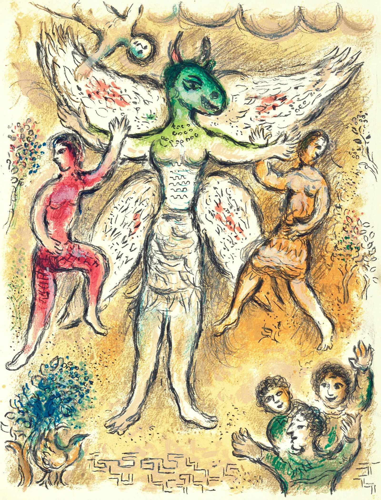 Marc Chagall, Das Bett des Odysseus, Homer, Die Odyssee, Limited Edition Lithograph: Lithograph on 250 g/m2 Butten Papierwerke Miliani AG, Fabriano paper. Paper Size: 14.88 x 11.69 inches. Inscription: Unsigned and unnumbered, as issued. Condition: Very good/excellent, consistent