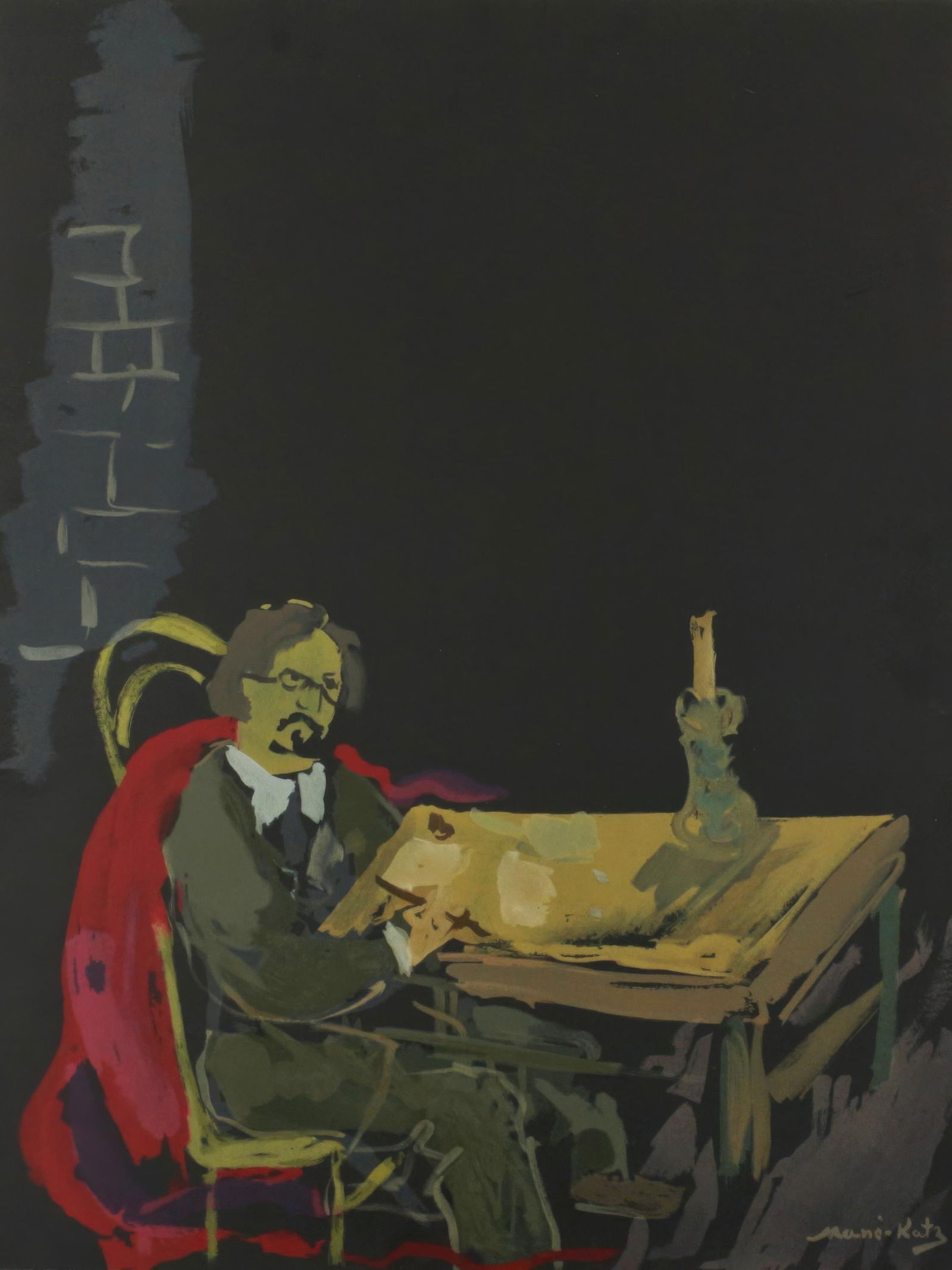 Emmanuel Mane-Katz, Portrait of the Author, from Mane-Katz, Twelve Lithographs for Stempeniou,: This exquisite lithograph by Emmanuel Mane-Katz (1894-1962), titled Portrait de l'auteur (Portrait of the Author), from the folio Mane-Katz, Douze Lithographies pour Stempeniou de Cholem Aleikhem