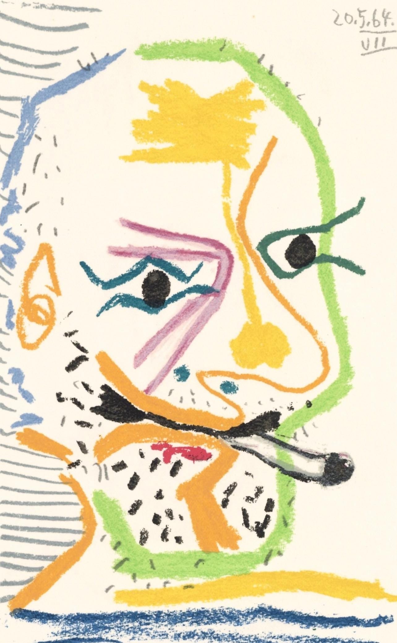 Pablo Picasso, 20.5.64. VII (Cramer 148), Le Gout du Bonheur, Limited Edition Mixed Media Lithograph: Lithograph and silkscreen with grease crayon, lithographic tusche, lead pencil, charcoal on velin d'Arches paper. Paper size: 12.8 x 9.84 inches. Inscription: Unsigned and unnumbered, as issued.