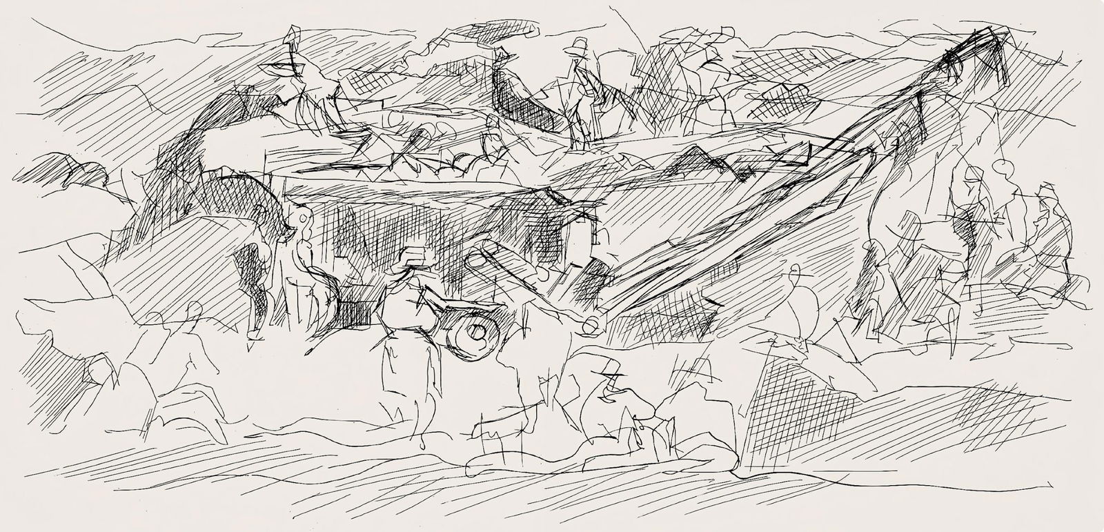 Jacques Villon, Composition (Ginestet/Pouillon 42-64), Hesiode, Les Travaux et les Jours, Limited: Etching on velin de Rives paper. Paper size: 15.75 x 24 inches. Excellent condition, with centerfold, as issued. Unsigned and unnumbered, as issued. Notes: From the folio, Hesiode, Les Travaux et les