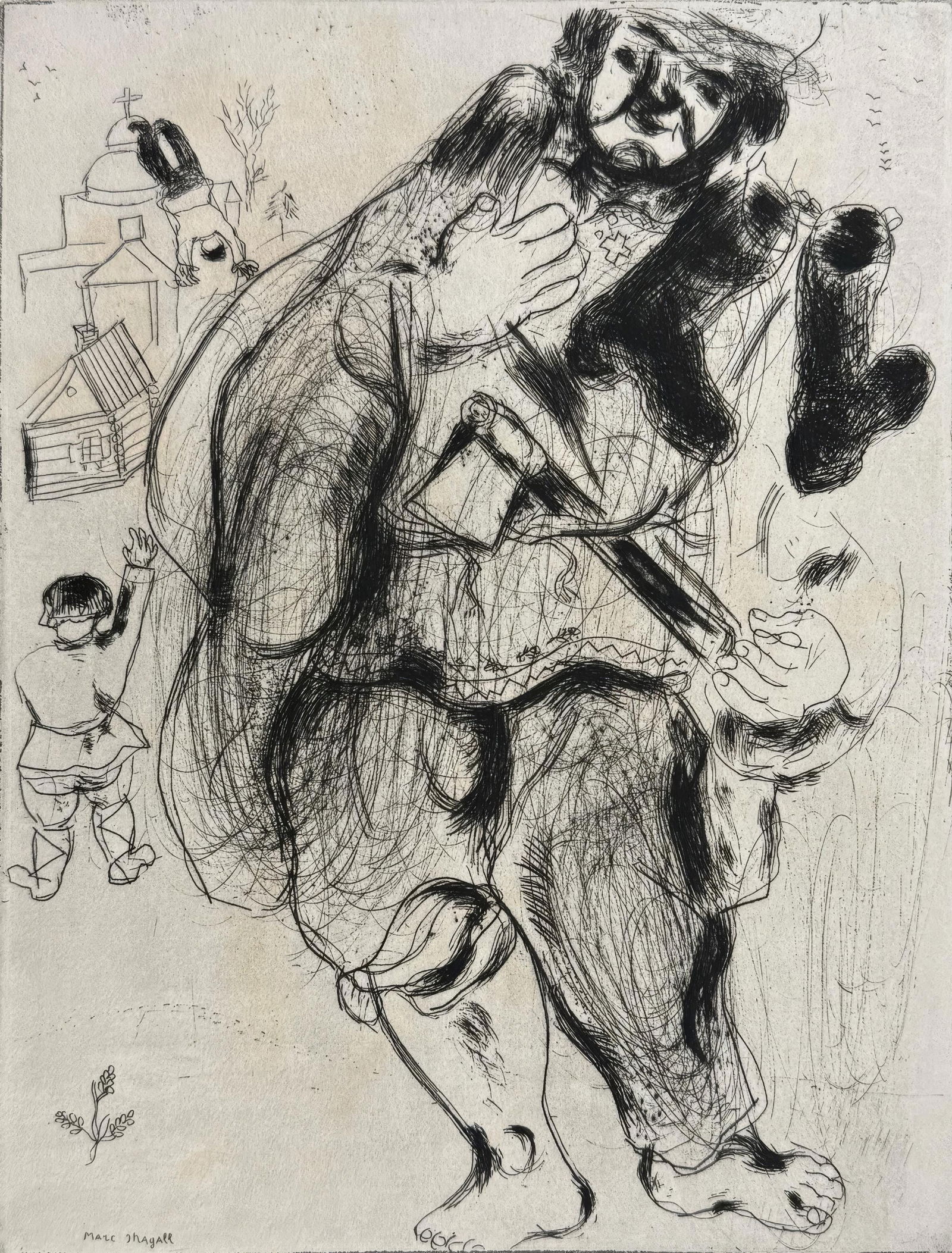 Marc Chagall, Stepane Bouchon, Carpenter, from Dead Souls, Limited Edition Etching, 1923-1927: This exquisite etching by Marc Chagall (1887-1985), titled Stepane Bouchon, charpentier (Stepane Bouchon, Carpenter), originates from the celebrated folio Nicolas Gogol, Les Ames mortes, Eaux-fortes