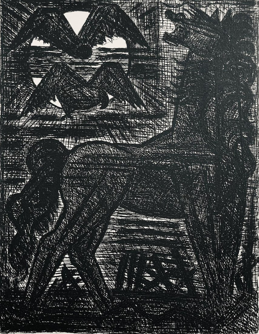 Marcel Gromaire, Presages, Cheval Noir Et Oiseaux De Nuit, Scene IX, Shakespeare, Macbeth,: Etching on velin de Rives paper. Unsigned and unnumbered, as issued. Paper Size: 16 x 12 inches. Excellent condition. Notes: From the folio, Shakespeare, Macbeth, Eaux-fortes de Gromaire, 1958. Publis