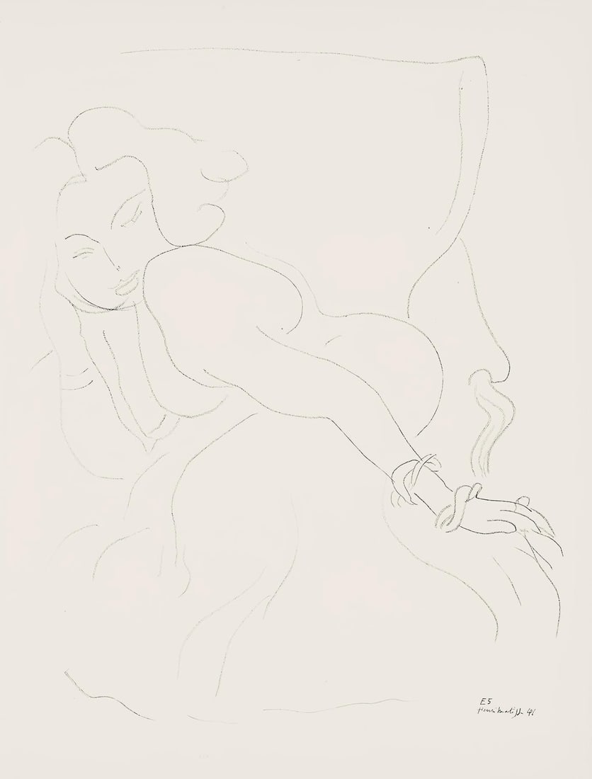 Henri Matisse, Serie E, var. 5 (Duthuit 9), Henri Matisse, Dessins, Themes et variations, Limited: Lithograph on velin pur fil paper. Paper Size: 12.875 x 9.625 inches. Excellent condition. Inscription: Signed in the plate and unnumbered, as issued. Notes: From the folio, Henri Matisse, Dessins,