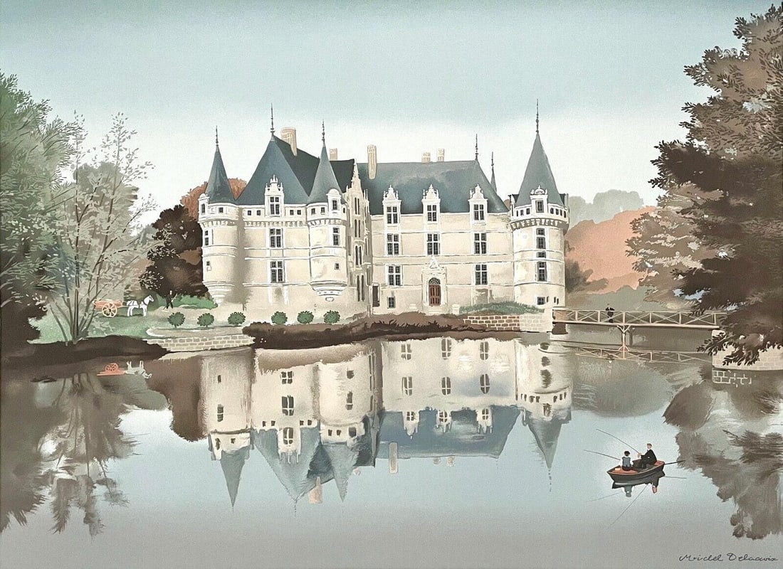 Michel Delacroix, Azay le Rideau, Limited Edition Lithograph: Lithograph on velin paper. Paper size: 23 x 30 inches. Excellent condition. Inscription: Signed in the plate and unnumbered, as issued. Notes: From Published and printed by Touchstone Publishers of