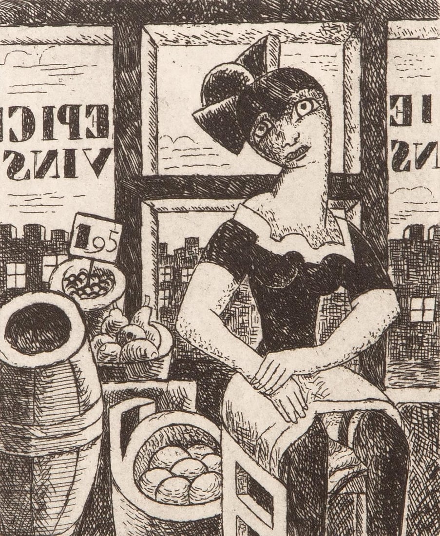 Marcel Gromaire, Composition, Vers un monde volage, Limited Edition Etching: Etching on velin d'Arches paper. Paper size: 11 x 8.75 inches. Excellent condition. Inscription: Unsigned and unnumbered, as issued. Notes: From the album, Vers un monde volage. Illustre de dix