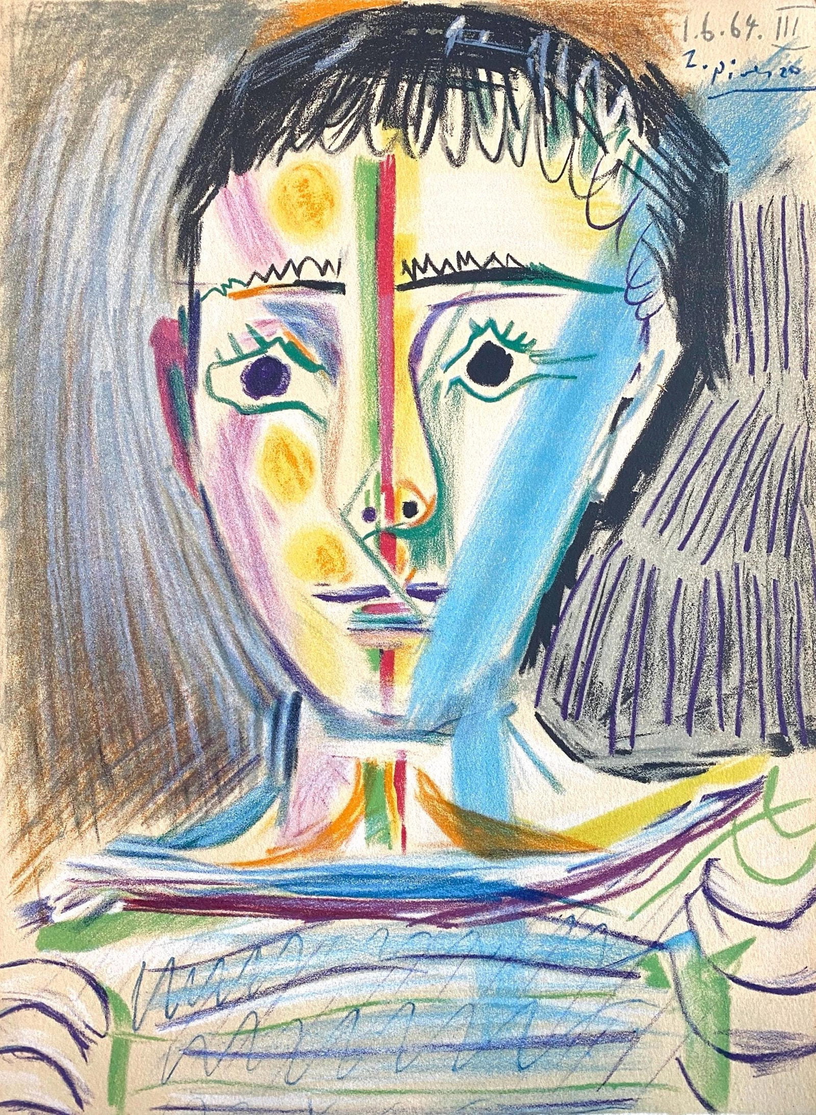 Pablo Picasso, Tete d'un jeune homme en face, Les Peintres mes amis, Limited Edition Lithograph: Lithograph on velin d'Arches paper. Paper size: 15 x 11 inches. Excellent condition. Signed in the plate and unnumbered, as issued. Notes: From the folio, Les Peintres mes amis, 1965. Published by