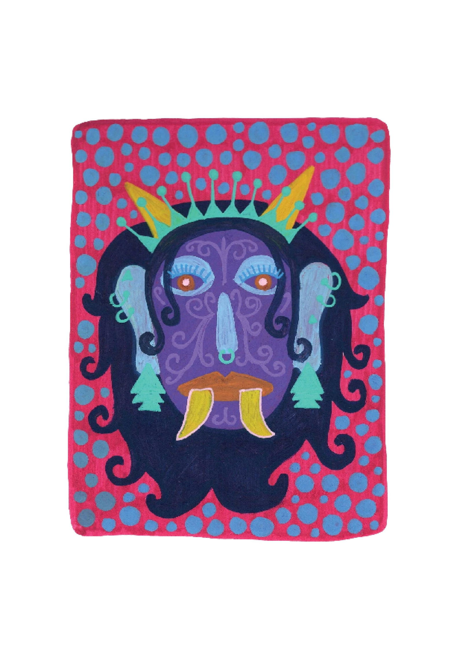 Evil Eye Mask 3: Inspired by the South Indian Drishti Bommai mask; a protective talisman traditionally represented as a doll; this artwork draws from a visual language widely seen across South India. These figures