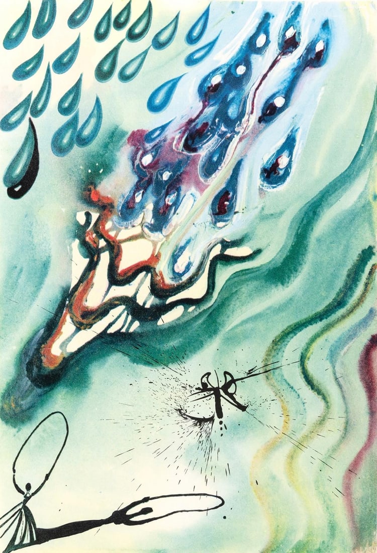 Salvador Dali, The Pool of Tears (Field 69-5, A-M), Alice's Adventures in Wonderland, Limited: Heliogravure on Papeterie de Mandeure velin paper. Paper Size: 16.93 x 11.22 inches. Inscription: Signed in the plate and unnumbered, as issued. Catalogue raisonne references: Dali, Salvador, et al.