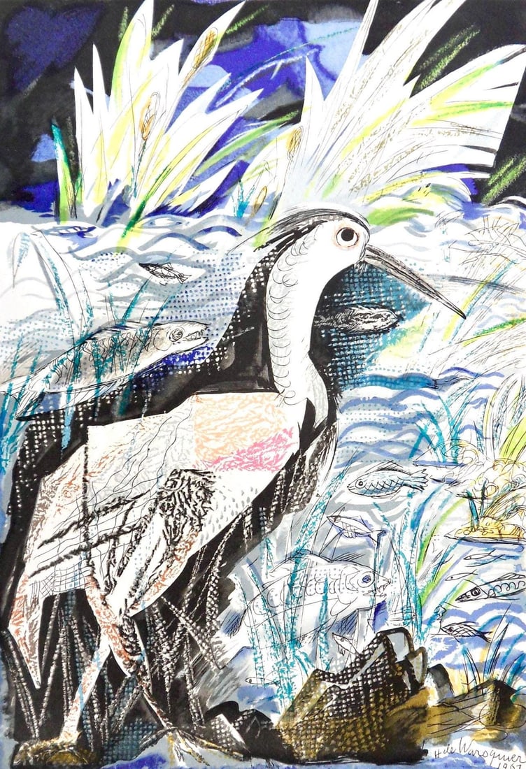 Henri de Waroquier, Heron au bord de la rivie, Vingt fables de La fontaine, Limited Edition Woodcut: Woodcut on velin d'Arches paper. Paper size: 15 x 10.75 inches. Excellent condition. Inscription: signed in the plate and unnumbered, as issued. Notes: from the folio, Vingt fables de La fontaine, 196