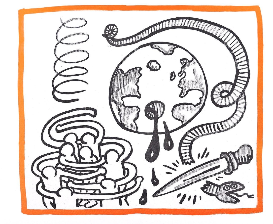 Keith Haring, Composition, Against All Odds, Limited Edition Lithograph: Lithograph on acid-free Rivoli paper. Paper Size: 8.5 x 10.3 inches. Inscription: Unsigned and unnumbered, as issued. Condition: Very good/excellent, consistent with age. Notes: From the album,