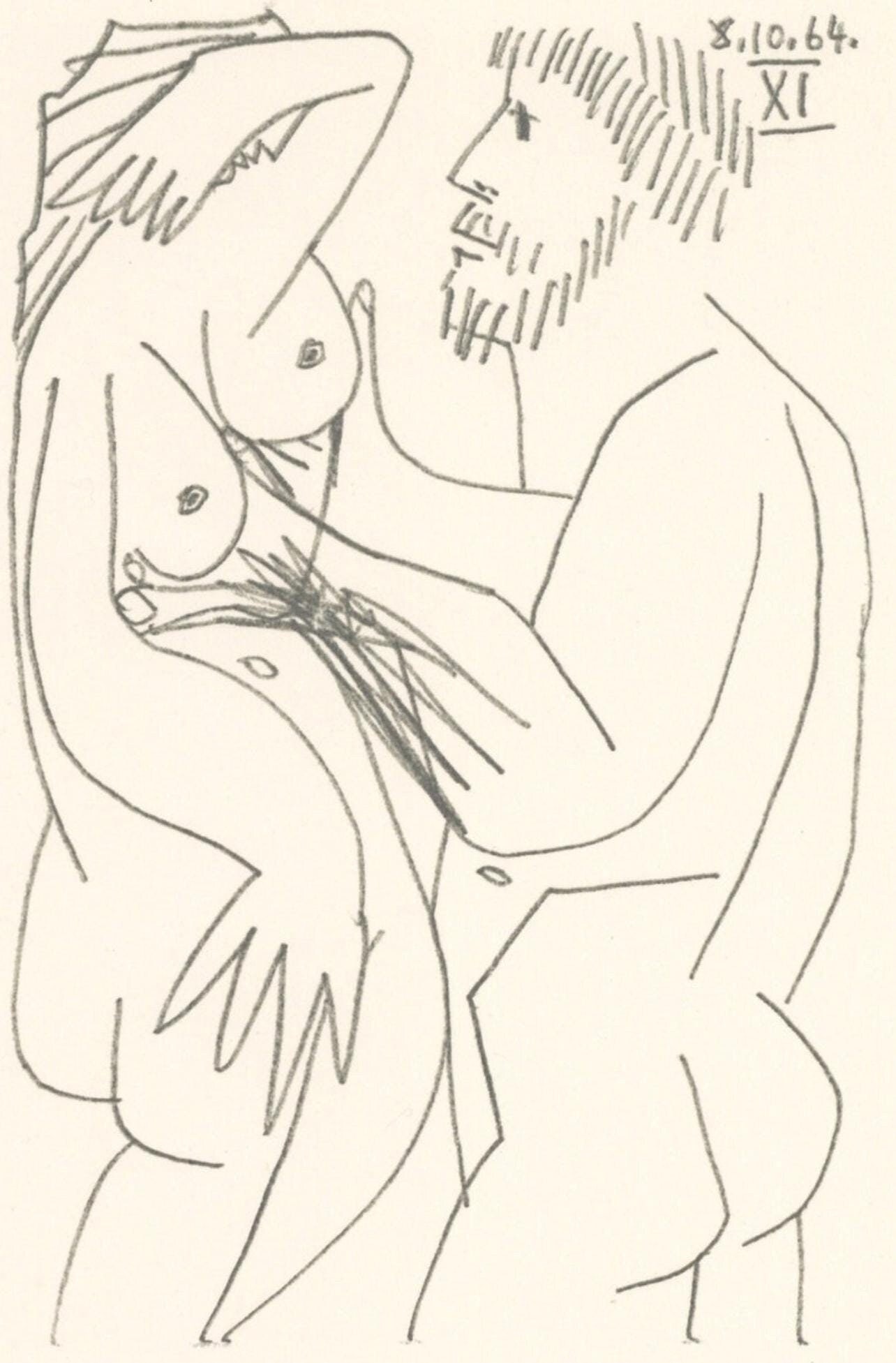 Pablo Picasso, 8.10.64. XI (Cramer 148), Le Gout du Bonheur, Limited Edition Mixed Media Lithograph: Lithograph and silkscreen with grease crayon, lithographic tusche, lead pencil, charcoal on velin d'Arches paper. Paper size: 12.8 x 9.84 inches. Inscription: Unsigned and unnumbered, as issued. Catal