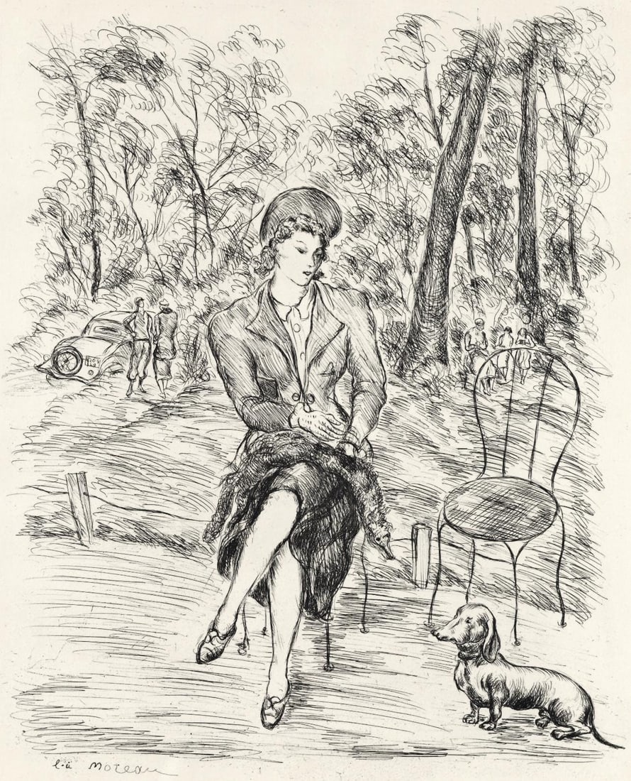 Luc-Albert Moreau, Jardins de Paris, A La gloire a Paris, Limited Edition Etching: Etching on velin Canson et Montgolfier paper. Unsigned and unnumbered. Paper Size: 13.5 x 10.5 inches. Excellent condition. Notes: From the folio, A La gloire a Paris, 1937. Published by L'Imprimerie