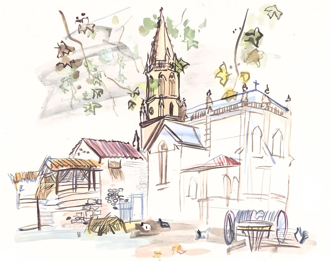 Raoul Dufy, L'eglise de Lestel, Vacances forcees: Lithograph on papier bouffant des Papeteries de Casteljoux paper. Paper Size: 12 x 9.25 inches. Excellent condition. Unsigned and unnumbered, as issued. Notes: From the folio, Vacances forcees 1970.