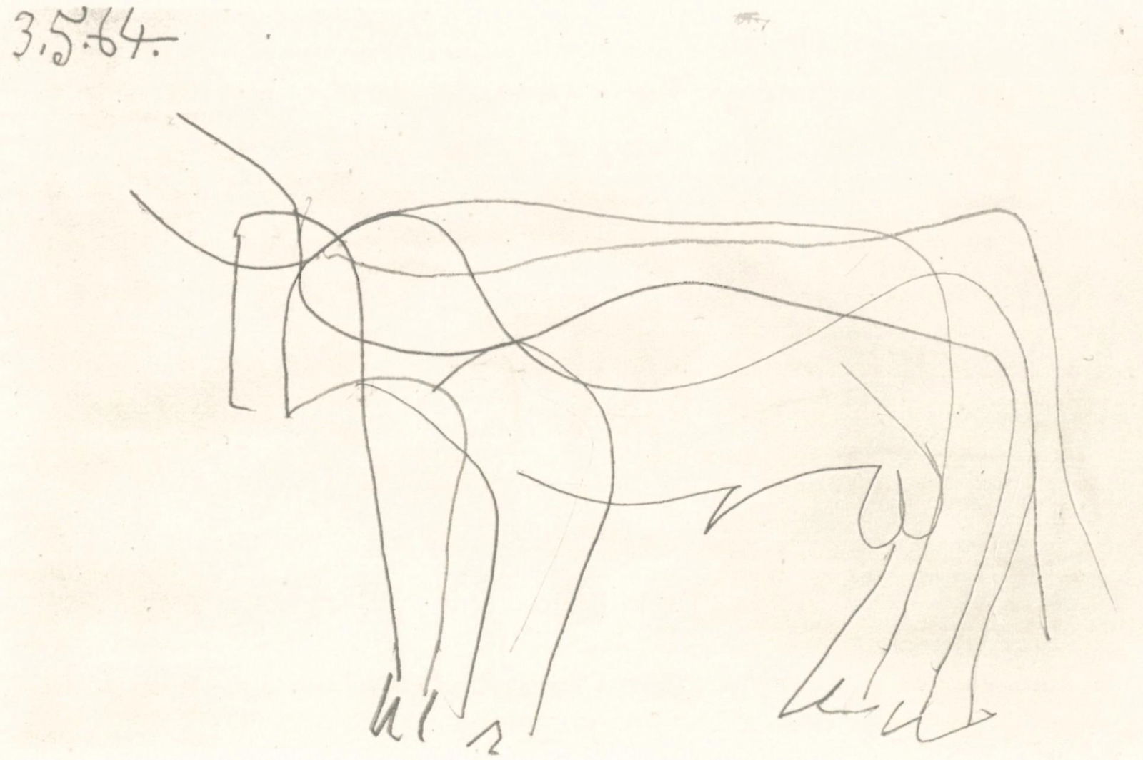 Pablo Picasso, 3.5.64. (Cramer 148), Le Gout du Bonheur, Limited Edition Mixed Media Lithograph: Lithograph and silkscreen with grease crayon, lithographic tusche, lead pencil, charcoal on velin d'Arches paper. Paper size: 9.84 x 12.8 inches. Inscription: Unsigned and unnumbered, as issued.