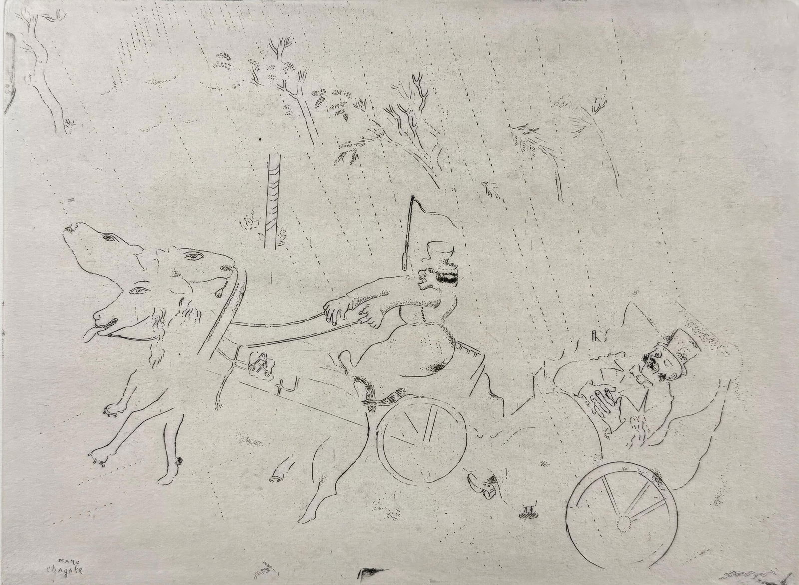 Marc Chagall, On the Road to Sobakevitch, from Dead Souls, Limited Edition Etching, 1923-1927: This exquisite etching by Marc Chagall (1887-1985), titled En route vers Sobakevitch (On the Road to Sobakevitch), originates from the celebrated folio Nicolas Gogol, Les Ames mortes, Eaux-fortes orig