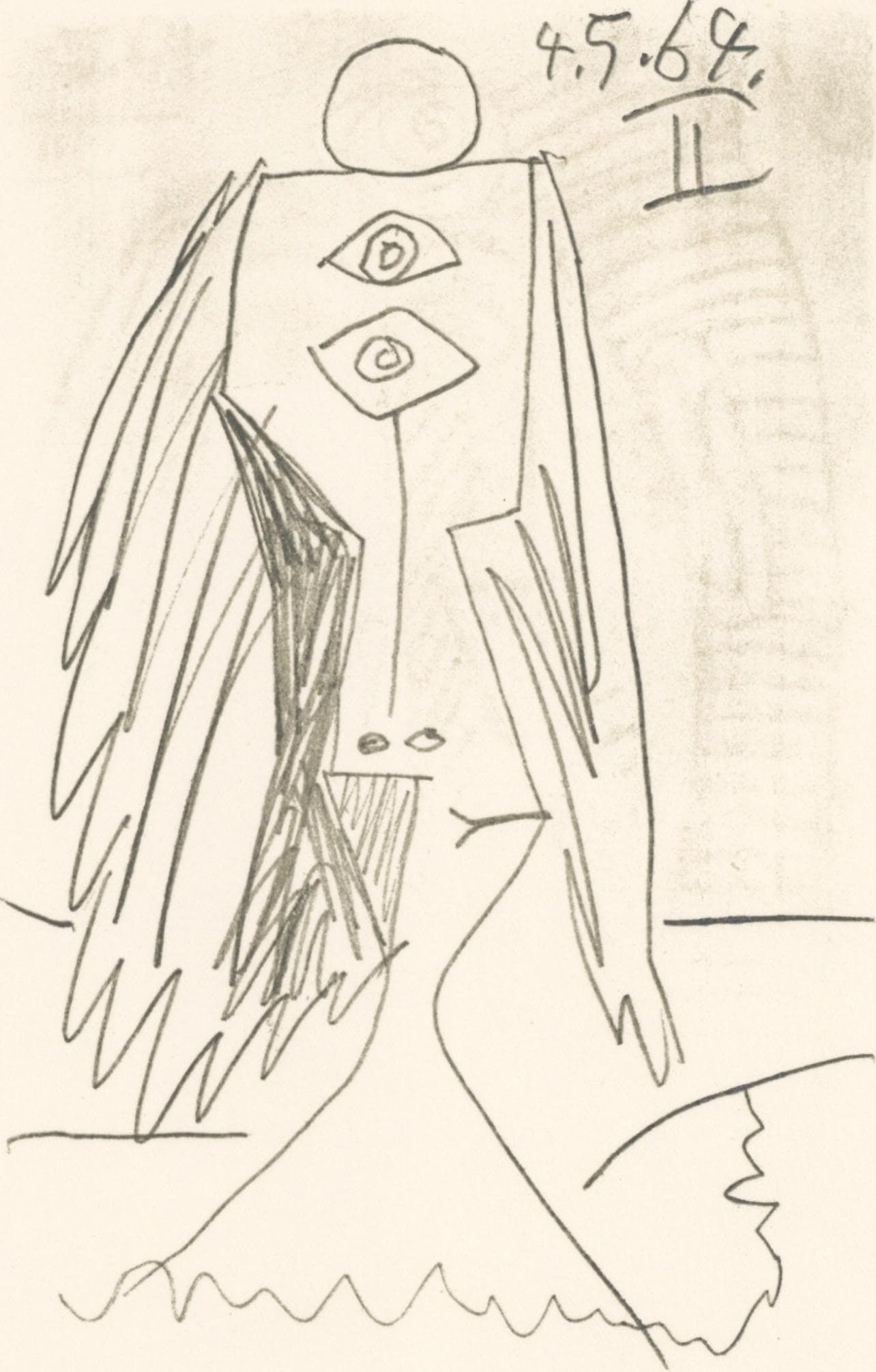 Pablo Picasso, 4.5.64. II (Cramer 148), Le Gout du Bonheur, Limited Edition Mixed Media Lithograph: Lithograph and silkscreen with grease crayon, lithographic tusche, lead pencil, charcoal on velin d'Arches paper. Paper size: 12.8 x 9.84 inches. Inscription: Unsigned and unnumbered, as issued. Catal