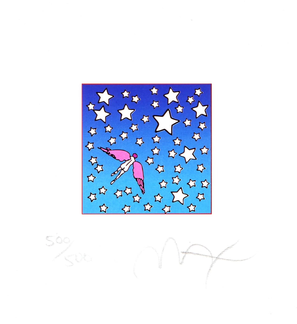 Peter Max, Winged Flyer In Space, Hand Signed, Official Limited Edition Lithograph: Lithograph in colors on Lustro Saxony paper. Paper size: 4.875 x 4.5 inches. Inscription: Hand signed by Peter Max and numbered, as issued. Condition: Excellent. Notes: Published and printed by Via