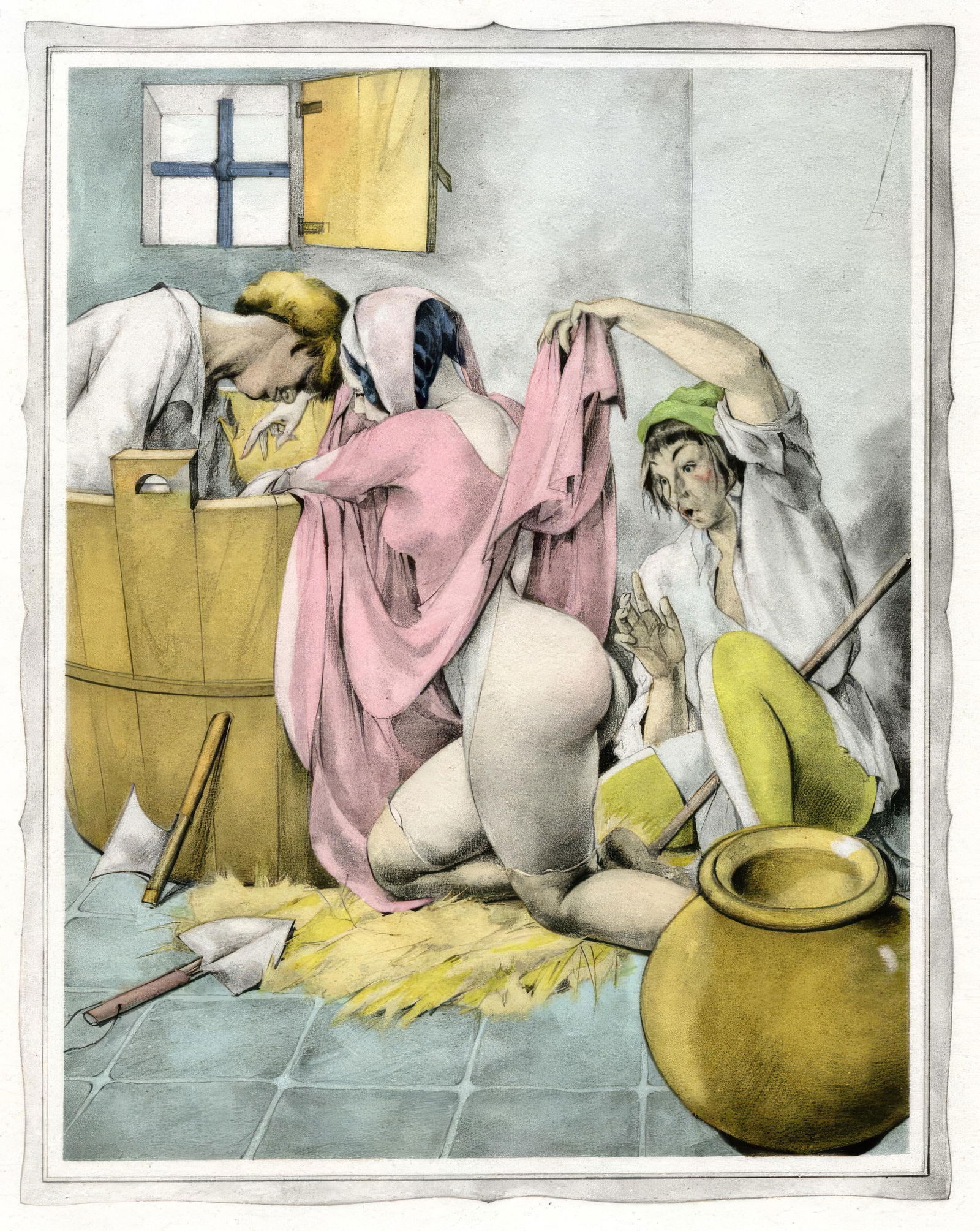 Umberto Brunelleschi, Untitled, from The Tales of Boccaccio, Limited Edition Lithograph and Pochoir,: This exquisite lithograph and pochoir by Umberto Brunelleschi (1879-1949), titled Sans titre (Untitled), originates from the celebrated album Les contes de Boccace (The Tales of Boccaccio), published