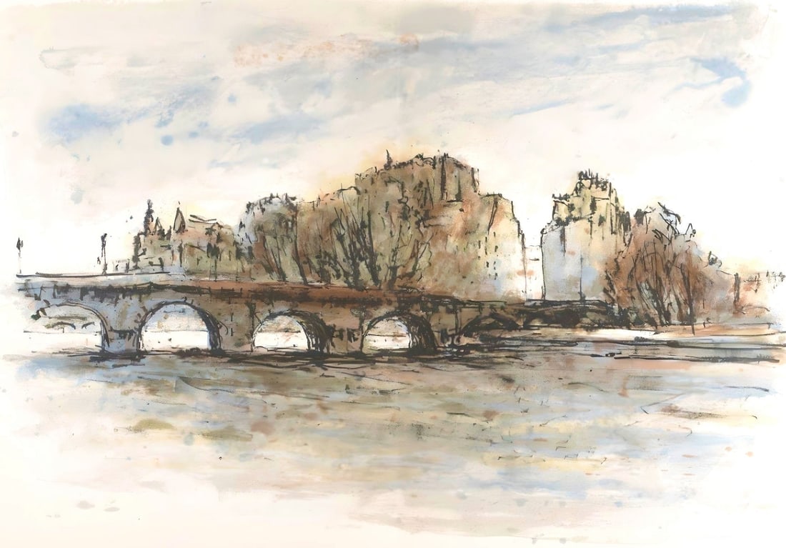 Aime Daniel Steinlen, Le Pont-Neuf, Au Temps de Paris Seine, Limited Edition Lithograph: Lithograph on grand velin des Papeteries de Lana paper. Unsigned and unnumbered. Paper Size: 15 x 22 inches. Excellent condition, with centerfold, as issued. Notes: From the folio, Au Temps de Paris S