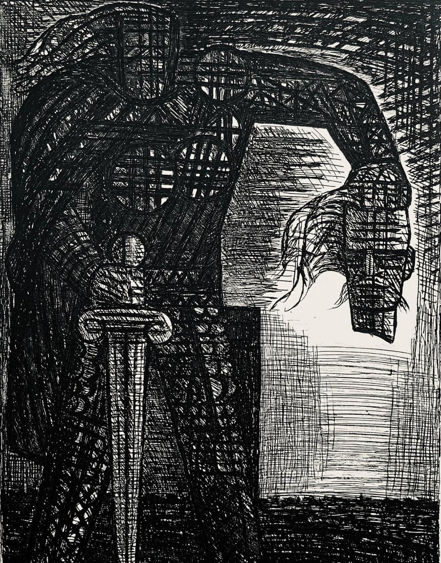 Marcel Gromaire, La Mort De Macbeth, Scene XXV, Shakespeare, Macbeth, Eaux-fortes de Gromaire,: Etching on velin de Rives paper. Unsigned and unnumbered, as issued. Paper Size: 16 x 12 inches. Excellent condition. Notes: From the folio, Shakespeare, Macbeth, Eaux-fortes de Gromaire, 1958. Publis