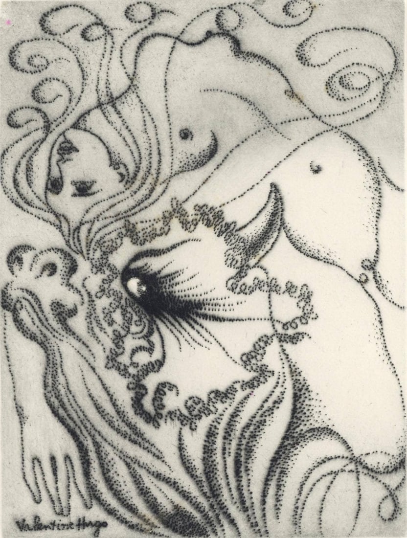 Valentin Hugo, Composition, Alternance, Limited Edition Etching: Etching on velin pur chiffon de Rives paper. Unsigned and unnumbered. Paper Size: 9.875 x 12.875 inches. Excellent condition. Notes: From the folio, Alternance, 1946. Published by Le Gerbier, Paris;