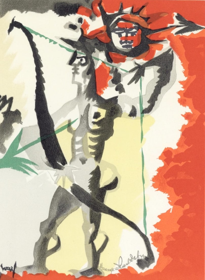 Jean Lurcat, Composition, Lettre a mon peintre Raoul Dufy, Limited Edition Lithograph: Lithograph on velin Arjomari paper. Paper Size: 11.75 x 9.375 inches. Inscription: Signed in the plate and unnumbered, as issued. Notes: From the folio, Lettre a mon peintre Raoul Dufy, 1965. Publishe