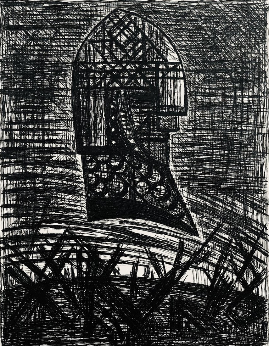 Marcel Gromaire, Presage, Tete Armee, Scene XVI, Shakespeare, Macbeth, Eaux-fortes de Gromaire,: Etching on velin de Rives paper. Unsigned and unnumbered, as issued. Paper Size: 16 x 12 inches. Excellent condition. Notes: From the folio, Shakespeare, Macbeth, Eaux-fortes de Gromaire, 1958. Publis