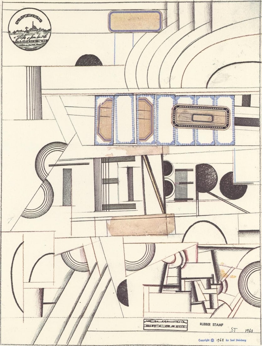 Saul Steinberg, Composition, Derriere le miroir, Limited Edition Lithograph: Lithograph on velin paper. Paper Size: 15 x 11 inches. Excellent condition. Inscription: Unsigned and unnumbered, as issued. Notes: From Derriere le miroir, N deg 224, 1977. Published by Aime Maeght,