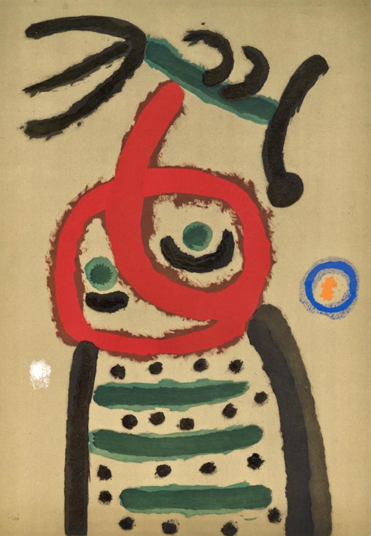 Joan Miro, Composition (Cramer 103; Mourlot 382-383), Miro Cartones 1956-1965, Limited Edition: Lithograph and stencil on velin paper. Paper size: 12.25 x 8.625 inches. Excellent condition. Inscription: Unsigned and unnumbered, as issued. Notes: From the album, Miro: Cartones, 1959-1965,