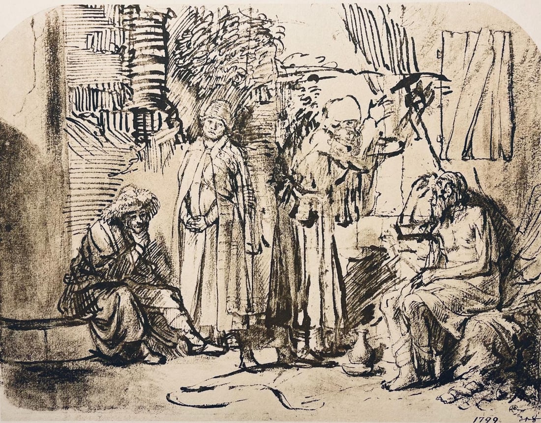 Rembrandt van Rijn, Job and His Friends, Limited Edition Collotype: Collotype on Hamilton Kilmory paper. Unsigned and unnumbered, as issued. Paper Size: 9.5 x 12.5 inches. Excellent condition. Notes: From the folio, Rembrandt, Drawings from the Bible, Thirty-two Collo