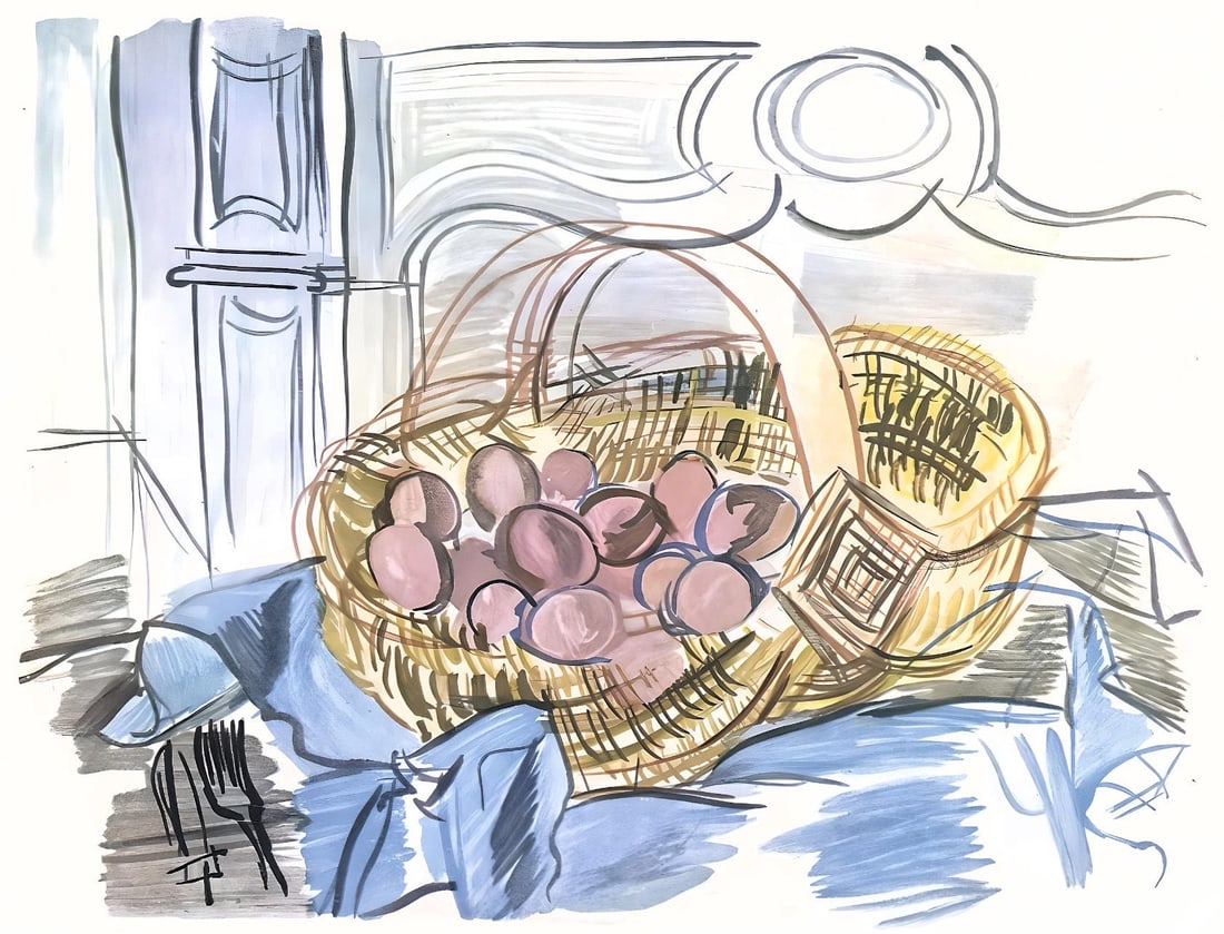 Raoul Dufy, La corbeille aux œufs, Vacances forcees: Lithograph on papier bouffant des Papeteries de Casteljoux paper. Paper Size: 12 x 9.25 inches. Excellent condition. Unsigned and unnumbered, as issued. Notes: From the folio, Vacances forcees 1970.