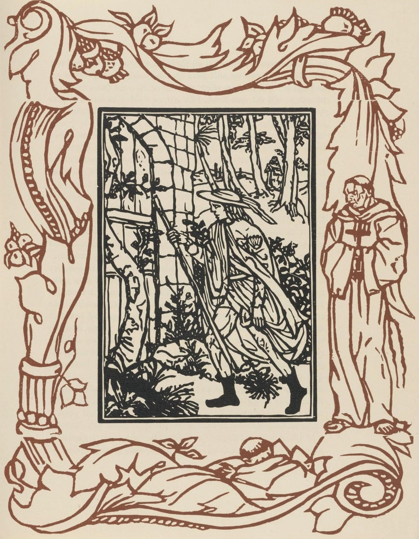 Emile Bernard, Composition (Morane, No. 100), Les Petites Fleurs de St. Francoise, Limited Edition: Wood engraving on verge d'Arches paper. Paper size: 12.8125 x 9.8125 inches. Excellent condition. Unsigned and unnumbered, as issued. Notes: From the volume, Les Petites Fleurs de St. Francois, 1928.