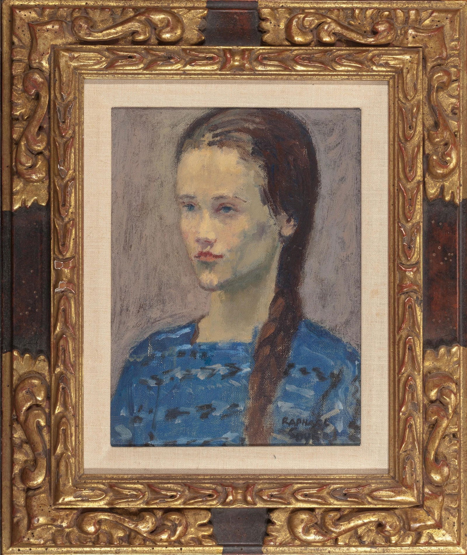 Raphael Soyer, Girl with Braided Hair, Original Oil Painting, Circa 1947: Oil on canvas. Canvas Size: 12 x 9 inches; framed size, 19 x 16 inches. Inscription: Hand signed, recto, as issued. Condition: Very good/excellent, consistent with age. Notes: Painted by Raphael