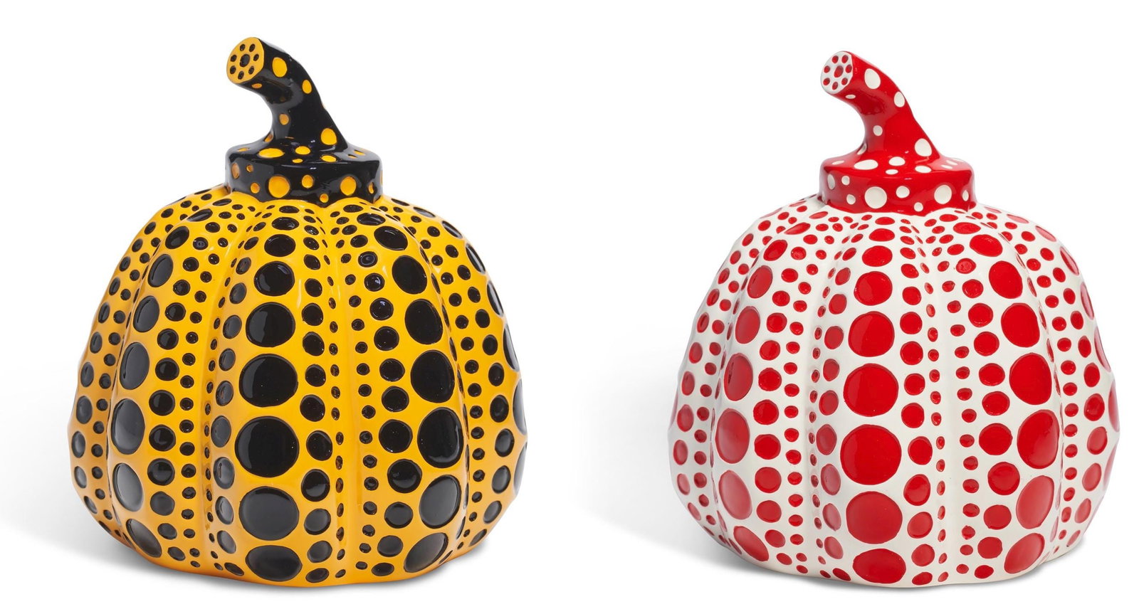 Yayoi Kusama ??? ??, Pumpkins, Yellow/Black, Red/White (Two Sculptures) Limited Edition Cast: Painted cast resin sculptures with decorative boxes, as issued. Sculpture Size: 4 x 3.5 x 3.5 inches, each. Excellent condition. Inscription: Yayoi Kusama, as issued. Notes: Published by Fukutake Foun